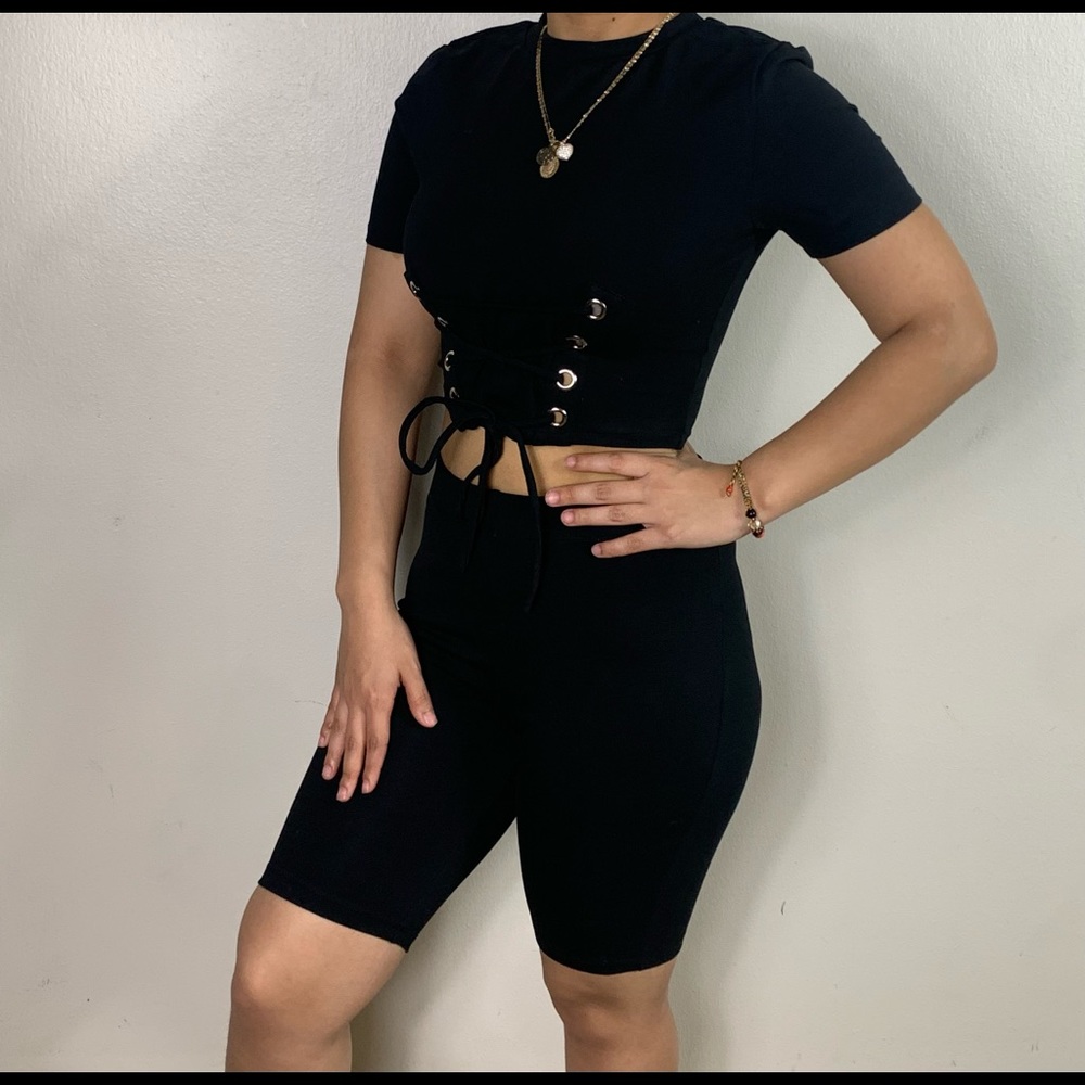 Black crop top biker short set